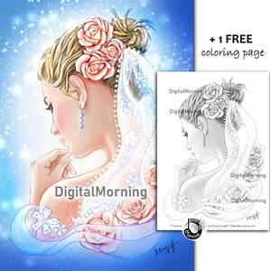 May include: A digital illustration of a woman wearing a white veil with pearl accents and a floral crown. The woman is looking down and her hair is pulled back in a bun. The background is a blue and white watercolor wash with white dots.