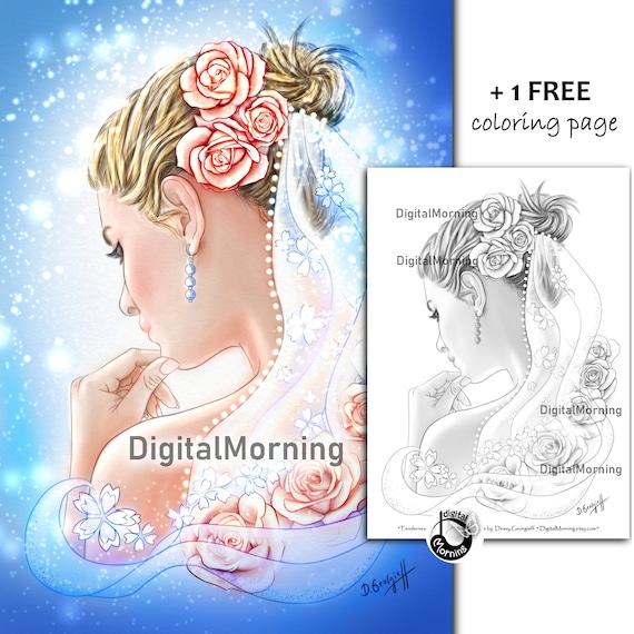 Premium Coloring Page, Grayscale Line art Coloring portrait, Wedding Bride coloring pages