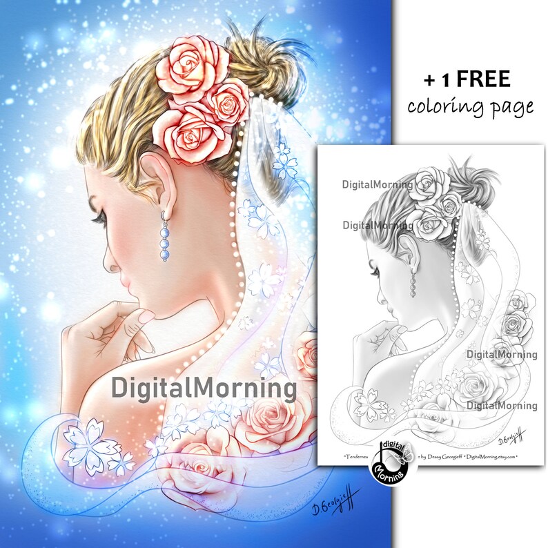 May include: A digital illustration of a woman wearing a white veil with pearl accents and a floral crown. The woman is looking down and her hair is pulled back in a bun. The background is a blue and white watercolor wash with white dots.