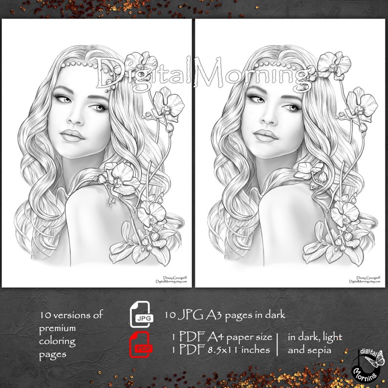 Puede incluir: P&aacute;gina de colorear en blanco y negro con arte de l&iacute;nea que presenta a una mujer con cabello largo y fluido y una corona floral. La mujer mira hacia un lado y tiene un delicado dise&ntilde;o floral a su alrededor. La imagen est&aacute; disponible en 10 p&aacute;ginas JPG A3 en oscuro, claro y sepia, as&iacute; como en 1 PDF A4 y 1 PDF 8,5x11 pulgadas.