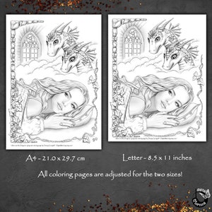 May include: Black and white coloring page featuring a woman sleeping with two dragons in the background. The woman is lying on a pillow with her head resting on her hand. The dragons are flying in the sky above her. The text "When and the Dragon" is visible in the bottom right corner of the page.