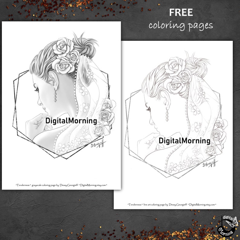 May include: A grayscale coloring page featuring a bride with a veil and flowers in her hair. The bride is looking down and has a delicate expression. The image is framed by a geometric shape. The text "DigitalMorning" appears at the bottom of the page.