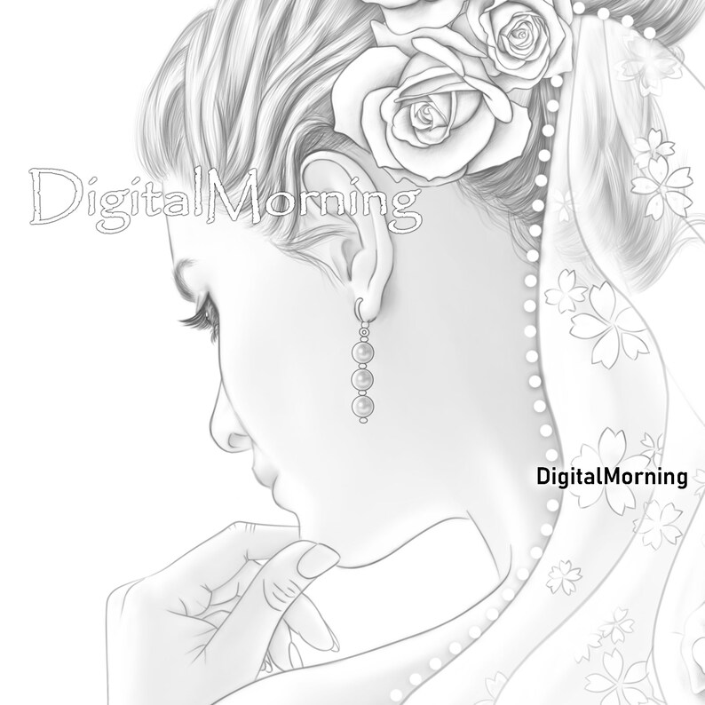 May include: A black and white line drawing of a woman with roses in her hair and a pearl earring. The woman is looking down and has her hand on her chin. The drawing is in a realistic style and has a delicate and feminine feel.
