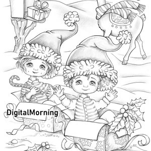 Premium Christmas Grayscale Coloring Page Snow Kids A4 JPG PDF coloring page digital download