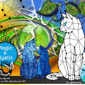 Magic Mystic Crystal Ball clipart, Blue Sparkle Glitter Gold Cat clipart, Wizard Magic clipart, Blue Leaves clipart, Gear clipart