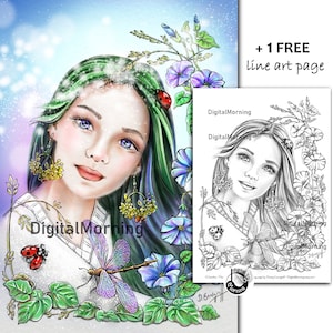 Fantasía en escala de grises línea arte flores libélula mariquita mariquita para colorear retrato página pdf jpg A3 A4 Carta