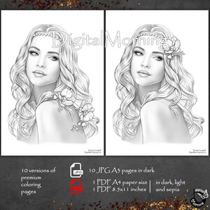 Puede incluir: Una ilustraci&oacute;n digital en blanco y negro de una mujer con el pelo largo y suelto y una flor detr&aacute;s de la oreja. La imagen es para colorear y viene en 10 versiones JPG en tama&ntilde;o A3, 1 PDF en tama&ntilde;o A4 y 1 PDF en 8,5x11 pulgadas. La imagen est&aacute; disponible en tonos oscuros, claros y sepia.
