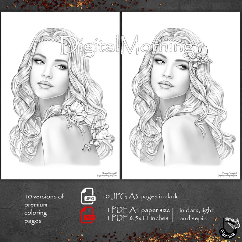 Puede incluir: Una ilustraci&oacute;n digital en blanco y negro de una mujer con el pelo largo y suelto y una flor detr&aacute;s de la oreja. La imagen es para colorear y viene en 10 versiones JPG en tama&ntilde;o A3, 1 PDF en tama&ntilde;o A4 y 1 PDF en 8,5x11 pulgadas. La imagen est&aacute; disponible en tonos oscuros, claros y sepia.