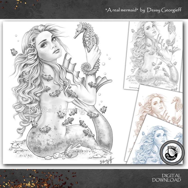 May include: Black and white digital art print of a mermaid holding a seahorse, surrounded by clownfish. The artwork is titled "A real mermaid" by Dessy Georgieff. Additional smaller prints are also visible.