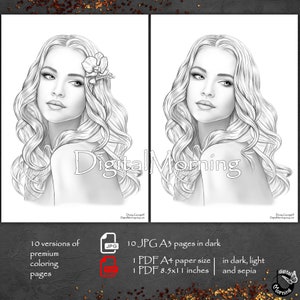 Puede incluir: Una p&aacute;gina para colorear imprimible en blanco y negro que presenta a una mujer con cabello largo y fluido y una flor en el cabello. La imagen est&aacute; disponible en 10 p&aacute;ginas JPG A3 en oscuro, claro y sepia, as&iacute; como en 1 PDF A4 y 1 PDF 8,5x11 pulgadas.