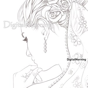 May include: Line art drawing of a woman with a rose and floral design in her hair. She is wearing a pearl earring and a veil with a floral pattern.