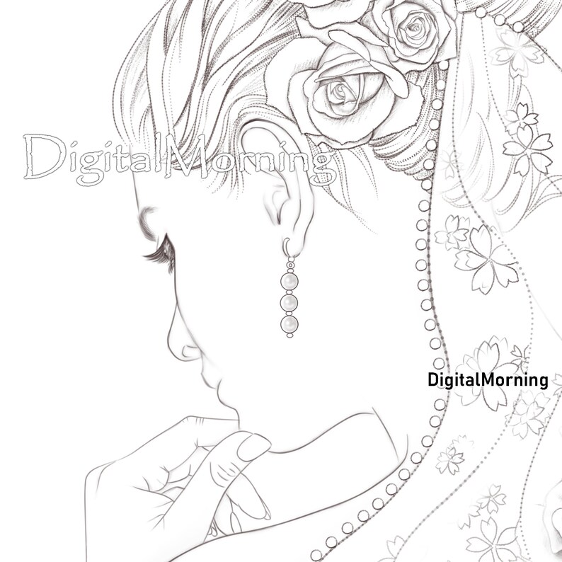 May include: Line art drawing of a woman with a rose and floral design in her hair. She is wearing a pearl earring and a veil with a floral pattern.