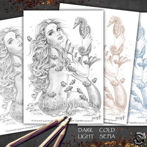 May include: A grayscale coloring page featuring a mermaid holding a seahorse, surrounded by small fish. The mermaid has long flowing hair and is partially submerged. The text "Digital Morning" is visible on the page. Pencils are in the foreground.
