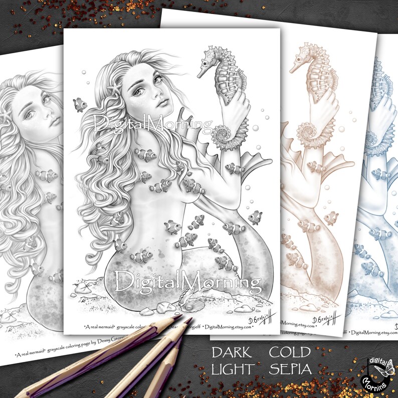May include: A grayscale coloring page featuring a mermaid holding a seahorse, surrounded by small fish. The mermaid has long flowing hair and is partially submerged. The text "Digital Morning" is visible on the page. Pencils are in the foreground.