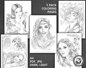Set of 5 Enchantment World Portraits GRAYSCALE coloring pages 5 Pack Instant Download PDF JPG Files