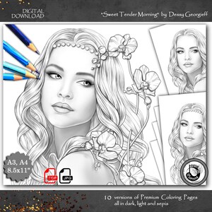Puede incluir: Una p&aacute;gina para colorear en blanco y negro con una mujer de cabello largo y fluido y orqu&iacute;deas. El t&iacute;tulo "Sweet Tender Morning" de Dessy Georgieff est&aacute; en la parte superior de la p&aacute;gina. La p&aacute;gina est&aacute; disponible en 10 versiones, incluyendo oscuro, claro y sepia.