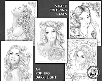 Set of 5 Female Portraits GRAYSCALE coloring pages 5 Pack Instant Download PDF JPG Files