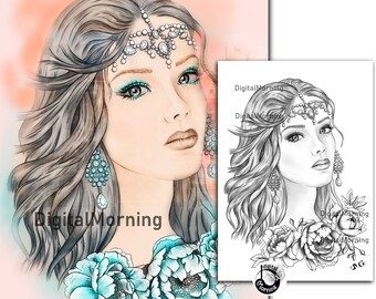 Premium Coloring Page PDF for Adult, Grayscale Coloring, A4, A3 Coloring Page, Fairies Peony coloring, Stayhome coloring