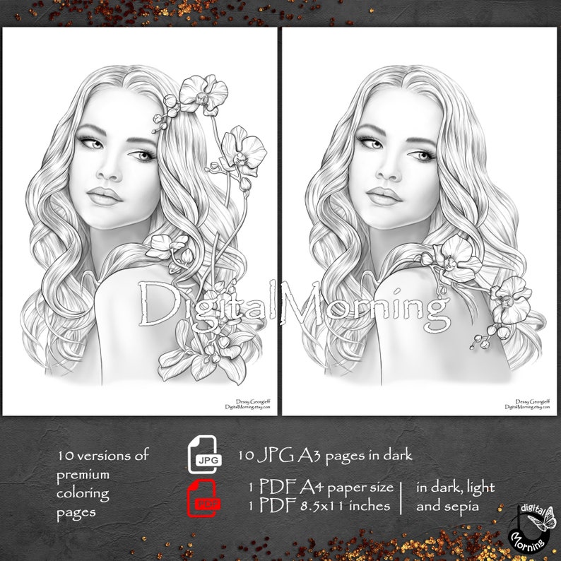 Puede incluir: Una p&aacute;gina para colorear en blanco y negro con una mujer de cabello largo y fluido y orqu&iacute;deas. La imagen est&aacute; dividida en dos secciones, con la cara y el cabello de la mujer a la izquierda y las orqu&iacute;deas a la derecha. La imagen se titula "Digital Morning".