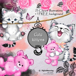Cat clipart, Bear clipart, Cute Kitten clip art, Blush flower clipart, Boho clipart, Butterfly clipart, Pink Roses clipart