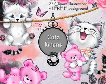 Cat clipart, Bear clipart, Cute Kitten clip art, Blush flower clipart, Boho clipart, Butterfly clipart, Pink Roses clipart