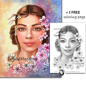 Premium portrait grayscale coloring page &quot;Isabella&quot; A3 A4 PDF JPG
