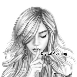 Premium grayscale portrait coloring page &quot;Sylvie&quot; A3 A4 PDF JPG