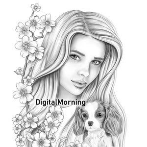 Premium grayscale portrait coloring page for adults and kids &quot;Lesley&quot; A3 A4 PDF JPG