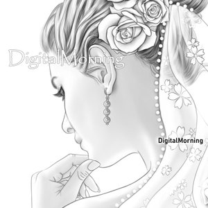 May include: A black and white pencil drawing of a woman with long hair, wearing a floral headband and earrings. She is looking down and has her hand on her chin. The drawing is done in a realistic style.
