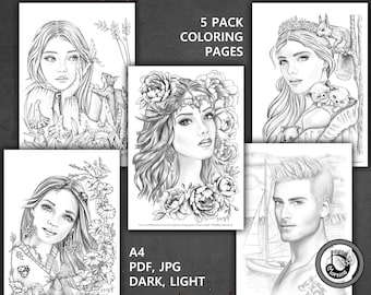 Set of 5 Free spirit Portraits GRAYSCALE coloring pages 5 Pack Instant Download PDF JPG Files