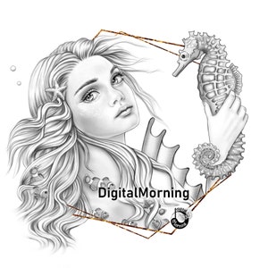 Mermaid Coloring Page PDF for Adult, Grayscale Coloring, A3 A4 Coloring Page, Stayhome beauty coloring page
