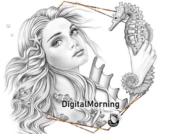 Mermaid Coloring Page PDF for Adult, Grayscale Coloring, A3 A4 Coloring Page, Stayhome beauty coloring page