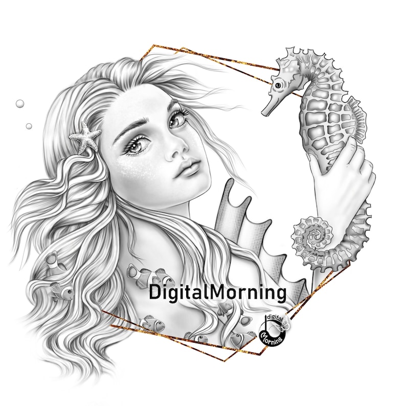 May include: Black and white illustration of a mermaid with long flowing hair, a starfish, and a seahorse. The mermaid is surrounded by small fish and a gold geometric frame. The text "DigitalMorning" is visible.