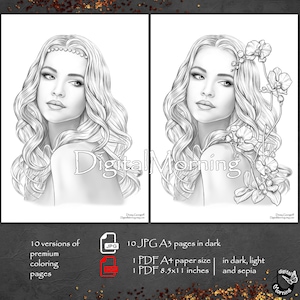 Puede incluir: Una p&aacute;gina de colorear digital en blanco y negro con una mujer de cabello largo y fluido y un dise&ntilde;o floral. La mujer mira hacia un lado y lleva una delicada corona de flores en la cabeza. El dise&ntilde;o incluye orqu&iacute;deas y hojas.