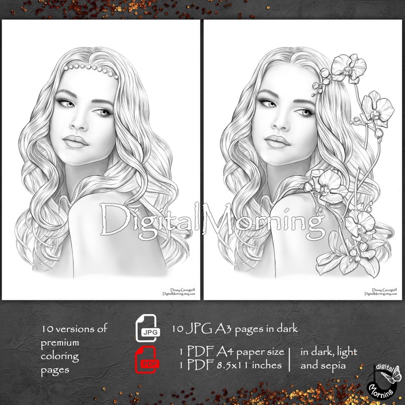 Puede incluir: Una p&aacute;gina de colorear digital en blanco y negro con una mujer de cabello largo y fluido y un dise&ntilde;o floral. La mujer mira hacia un lado y lleva una delicada corona de flores en la cabeza. El dise&ntilde;o incluye orqu&iacute;deas y hojas.
