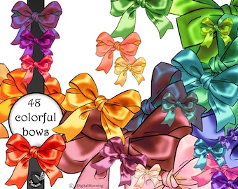 Colorful Satin Bows clipart, Gift Party clipart, Birthday clipart, Red Pink Yellow Blue Green Peach Bows clipart
