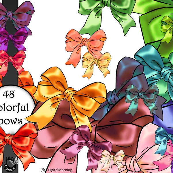 Colorful Satin Bows clipart, Gift Party clipart, Birthday clipart, Red Pink Yellow Blue Green Peach Bows clipart