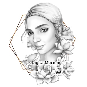 Premium portrait grayscale coloring page &quot;Lilly&quot; A3 A4 PDF JPG