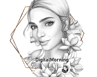 Premium portrait grayscale coloring page "Lilly" A3 A4 PDF JPG