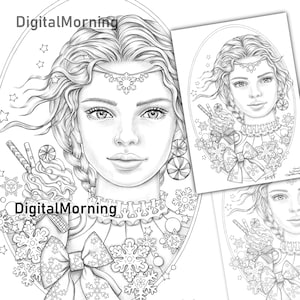 Premium Christmas Grayscale Coloring Page Snow Princess A4 JPG PDF snowflakes coloring page digital download