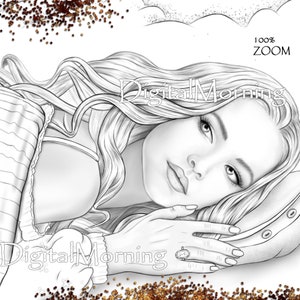 May include: A black and white line drawing of a woman with long hair resting her head on a pillow. She is wearing a striped shirt and a ring on her finger. The image is titled "Digital Morning" and has a "100% ZOOM" label.