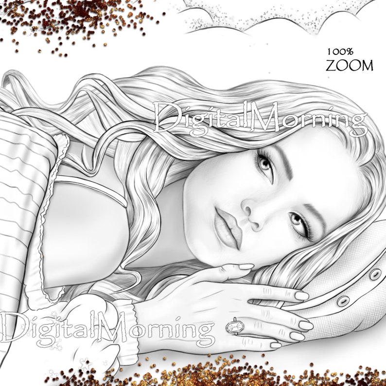 May include: A black and white line drawing of a woman with long hair resting her head on a pillow. She is wearing a striped shirt and a ring on her finger. The image is titled "Digital Morning" and has a "100% ZOOM" label.