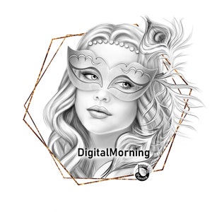 Printable Coloring Page Fantasy Floral Girl Portrait Wearing Mask