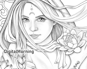 Premium Grayscale Coloring Page A4 JPG PDF fairy coloring page digital download