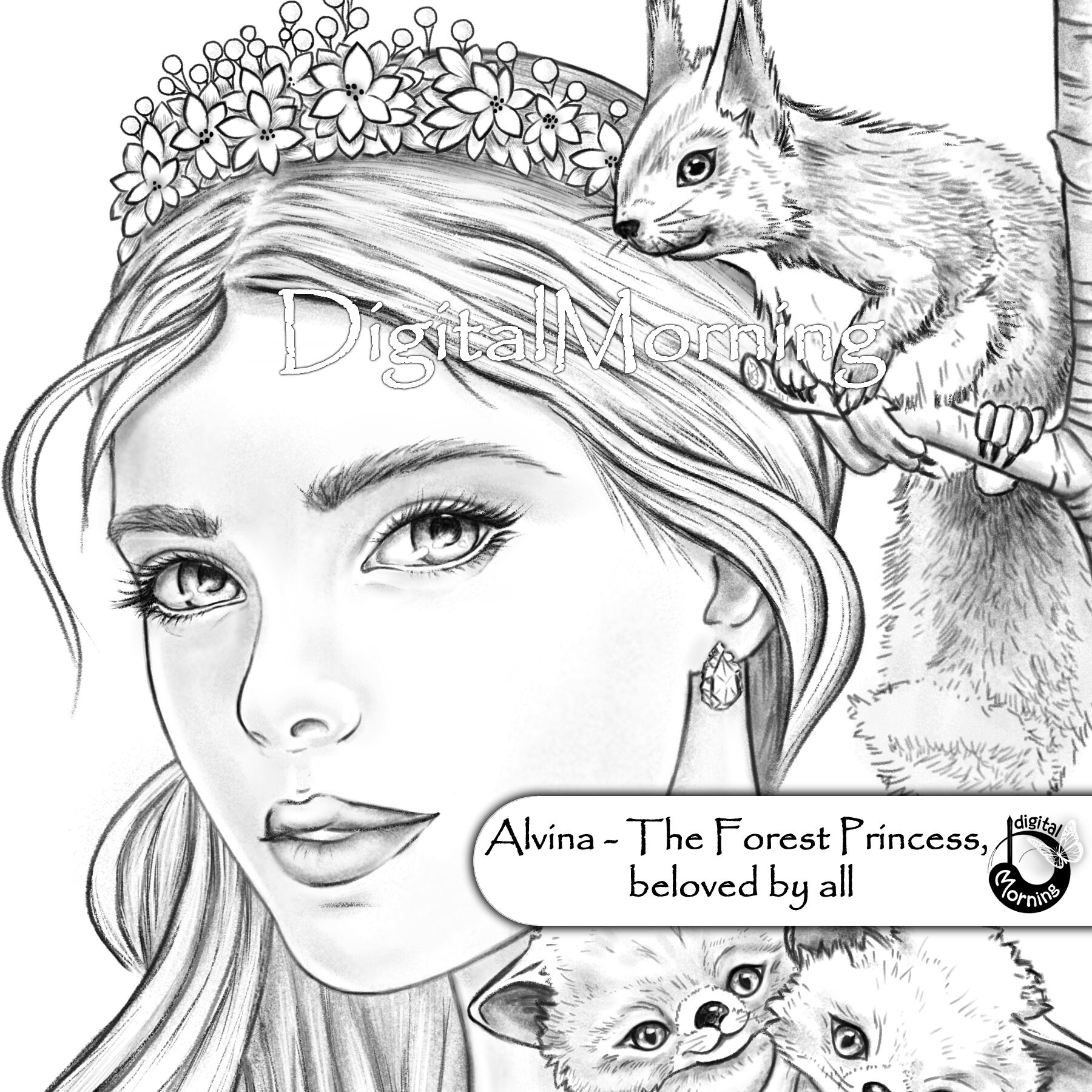 Fantasy grayscale coloring portrait page fox princess | Etsy