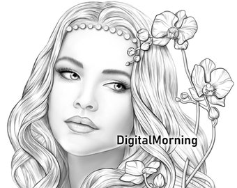 Premium Coloring Pages PDF for Adult, Grayscale Coloring, A3 Coloring Page PDF JPG, coloring printables, coloring princess sheets