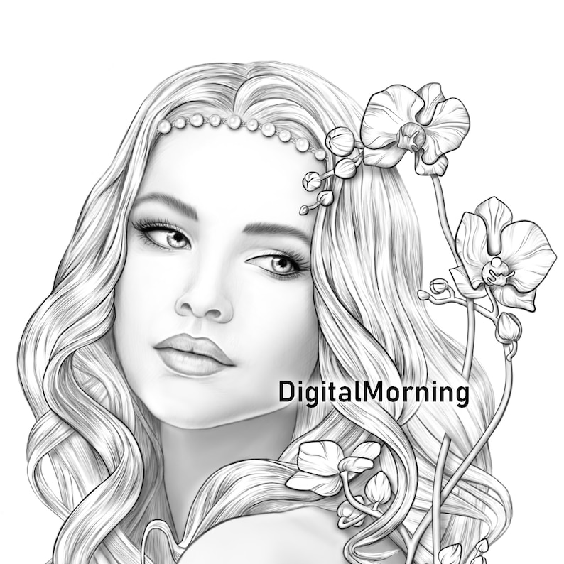 Puede incluir: Un dibujo en blanco y negro de una mujer con el pelo largo y suelto y una corona de flores. La mujer mira hacia un lado y tiene una expresi&oacute;n suave en su rostro. Las flores son orqu&iacute;deas y est&aacute;n dibujadas en un estilo realista.
