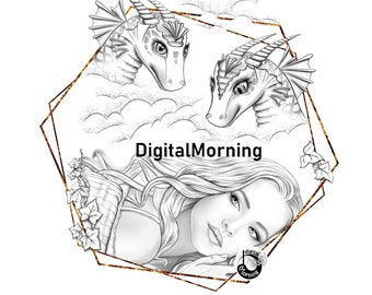 Premium Coloring Page, Grayscale coloring, A3, A4, 8.5x11 inches fairies coloring pages, digital download
