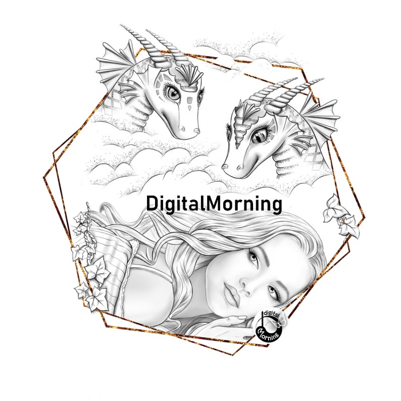 May include: A black and white illustration of a woman with long hair, sleeping with two dragons above her. The dragons are in the clouds and have large eyes. The image is framed in a gold geometric shape with the text "DigitalMorning" in the center.