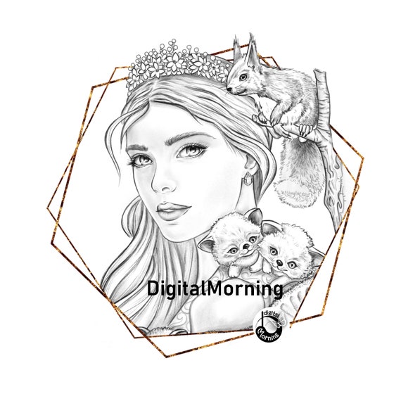 Fantasy grayscale coloring portrait page, fox princess coloring page pdf jpg